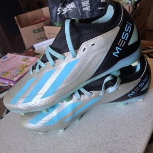 Messi Soccer Cleats in Silver and Light Blue
